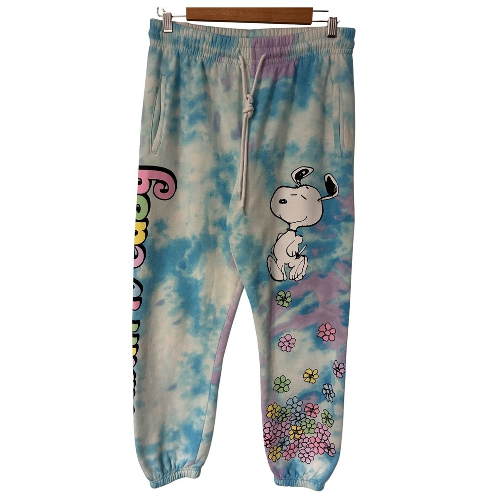 Peanuts Snoopy Takin It Easy Pastel Tie Dye Floral Joggers L - Picture 2 of 12
